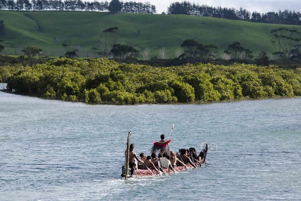 A crew of Maoris row a War Waka
